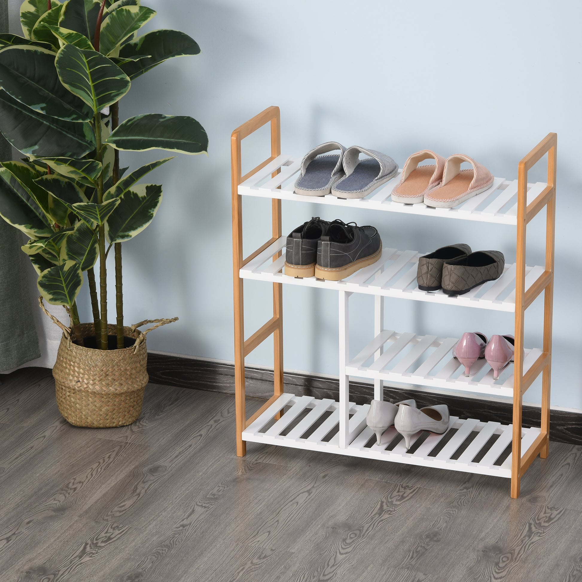 Homcom Medium-density fibreboard 4-Tier Slatted Shoe Rack White/Oak