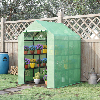 Outsunny Walk in Garden Greenhouse with Shelves Polytunnel Steeple Green house Grow House Removable Cover 143x138x190cm