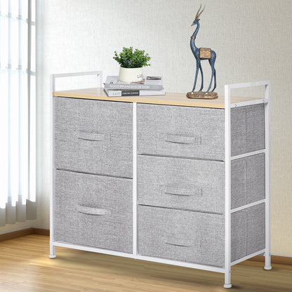 Homcom 5 Drawer Linen Basket Storage Unit Home Organisation w/ Shelf Handles Metal Frame Adjustable Feet Hallway Home Dresser Grey