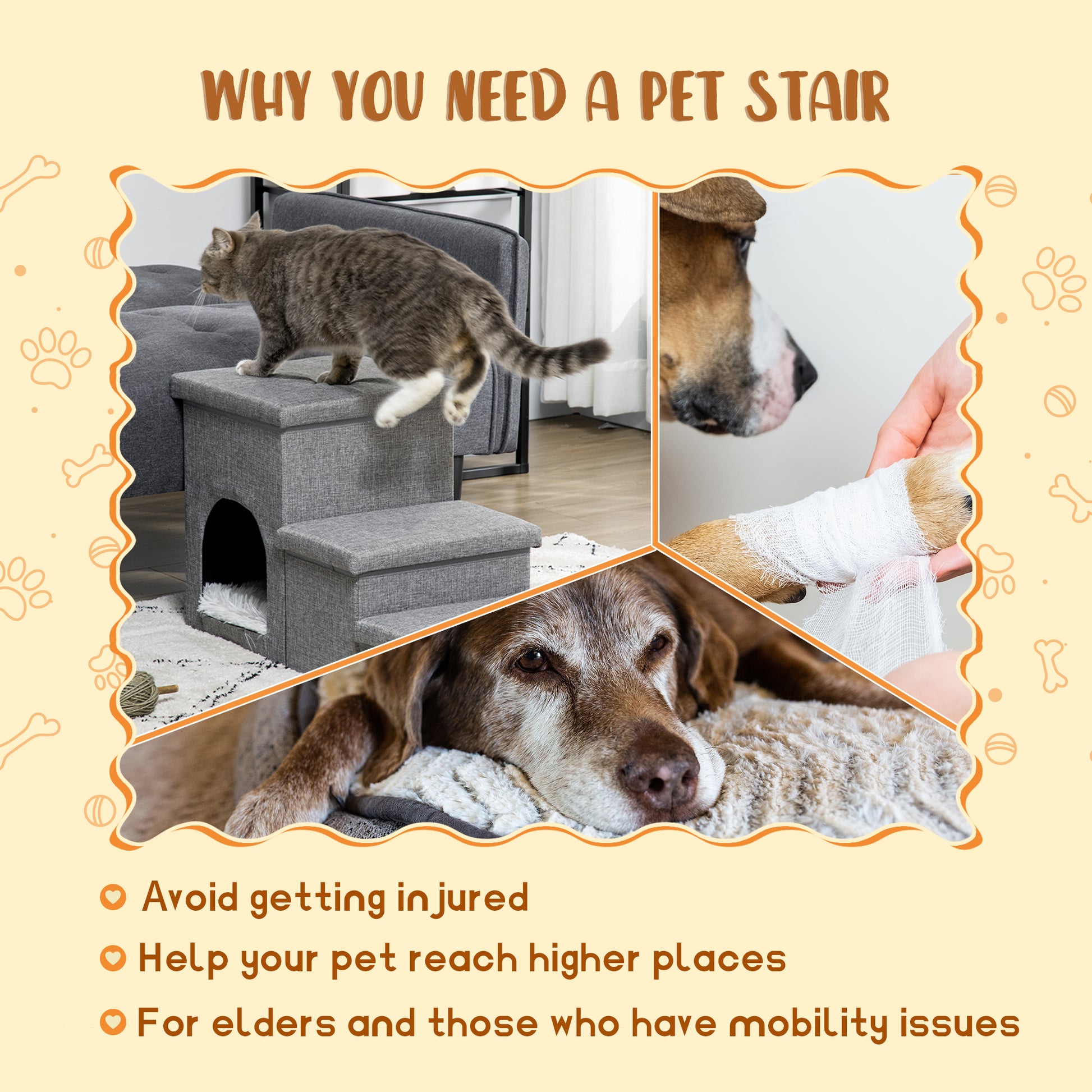 PawHut Dog Steps 3-step Pet Stairs with Kitten House and 2 Storage Boxes