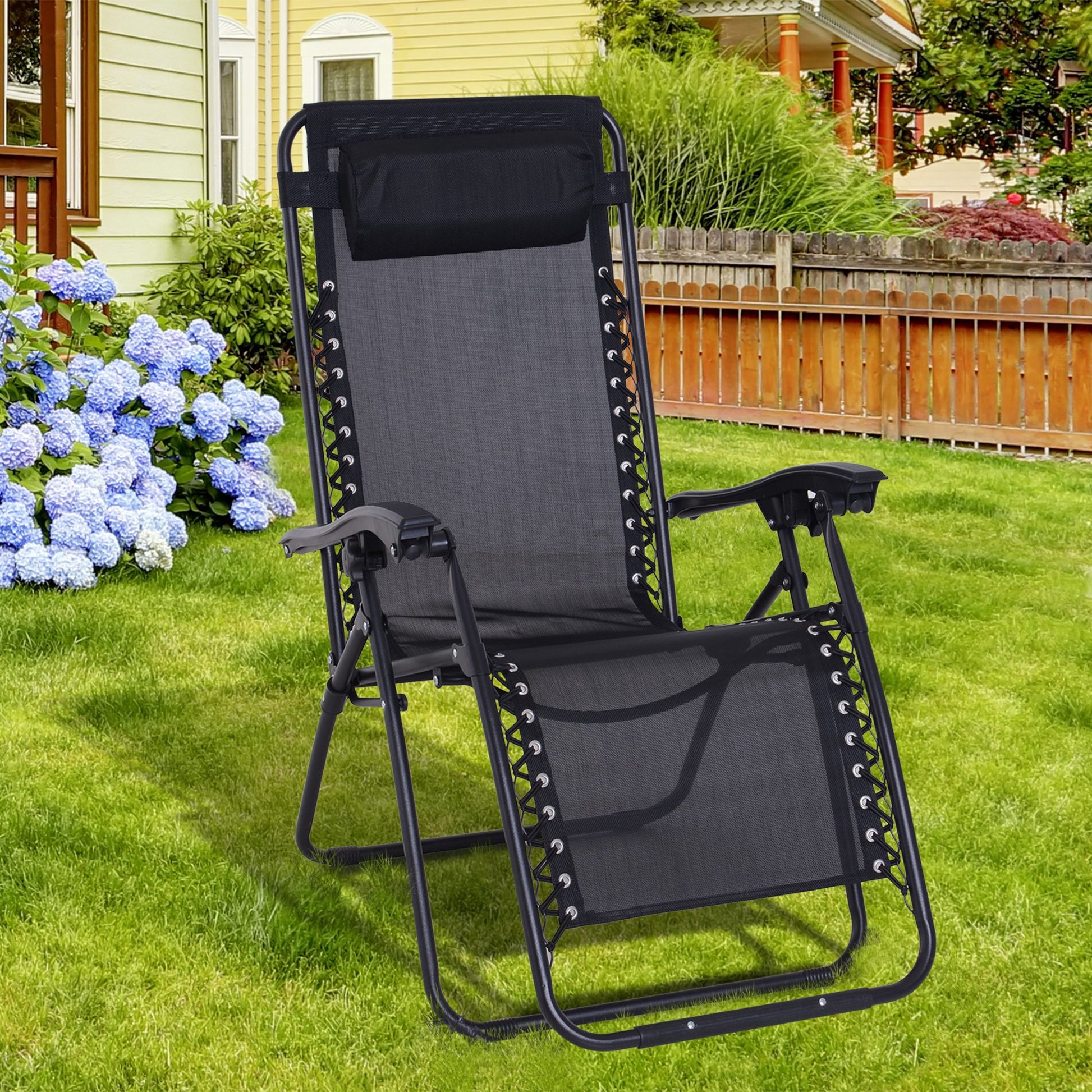 Outsunny Zero Gravity Chair Metal Frame Texteline Armchair Outdoor Folding & Reclining Sun Lounger with Head Pillow for Patio Decking Gardens Camping