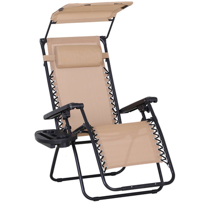 Outsunny Zero Gravity Garden Deck Folding Chair Texteline Patio Sun Lounger Reclining Seat with Cup Holder & Canopy Shade - Beige