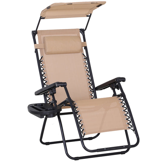 Outsunny Zero Gravity Garden Deck Folding Chair Texteline Patio Sun Lounger Reclining Seat with Cup Holder & Canopy Shade - Beige