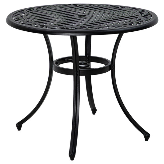 Round Garden Table with Parasol Hole, 90cm Cast Aluminium Outdoor Dining Table for 2-4 for Balcony - Black-0