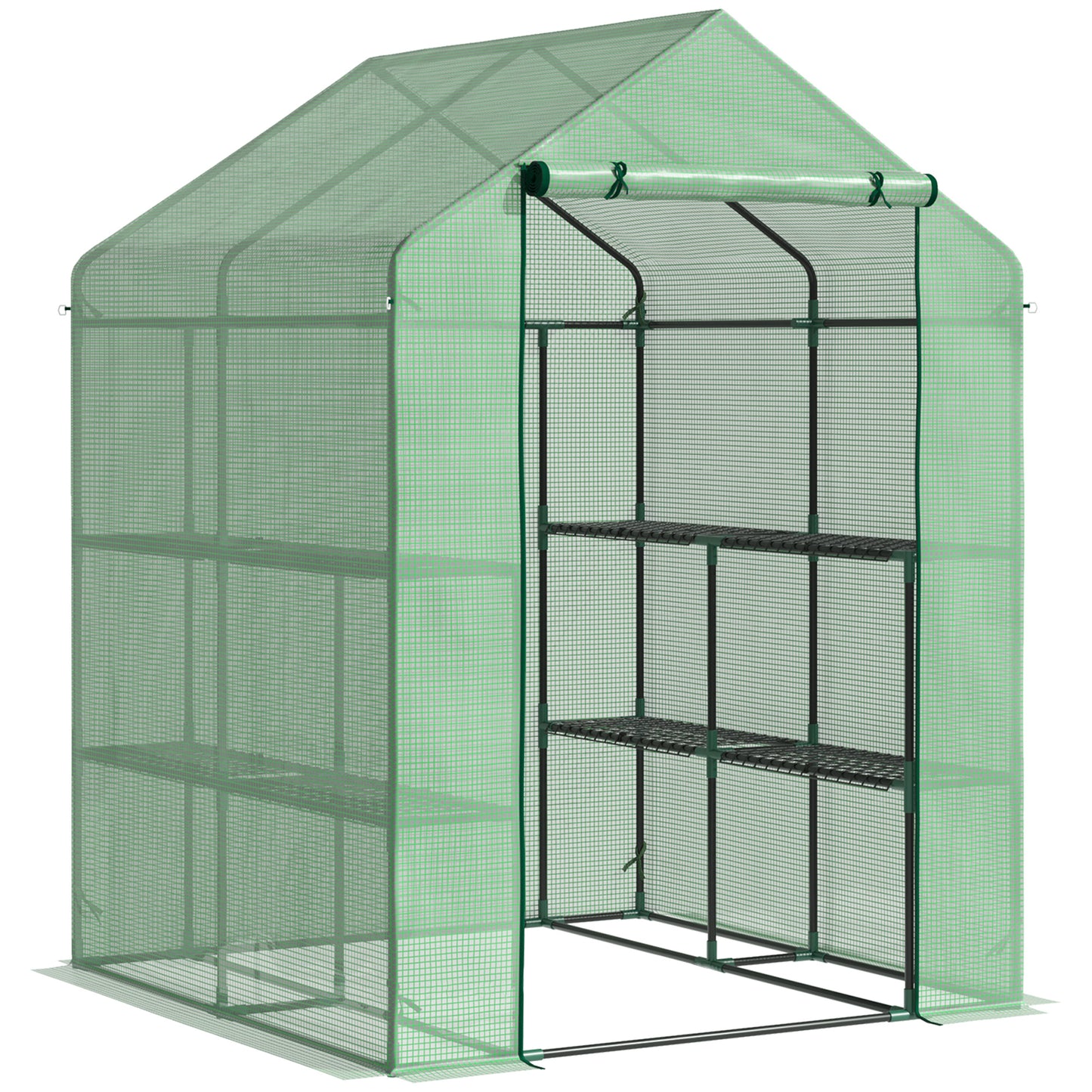 Outsunny Walk in Garden Greenhouse with Shelves Polytunnel Steeple Green house Grow House Removable Cover 143x138x190cm