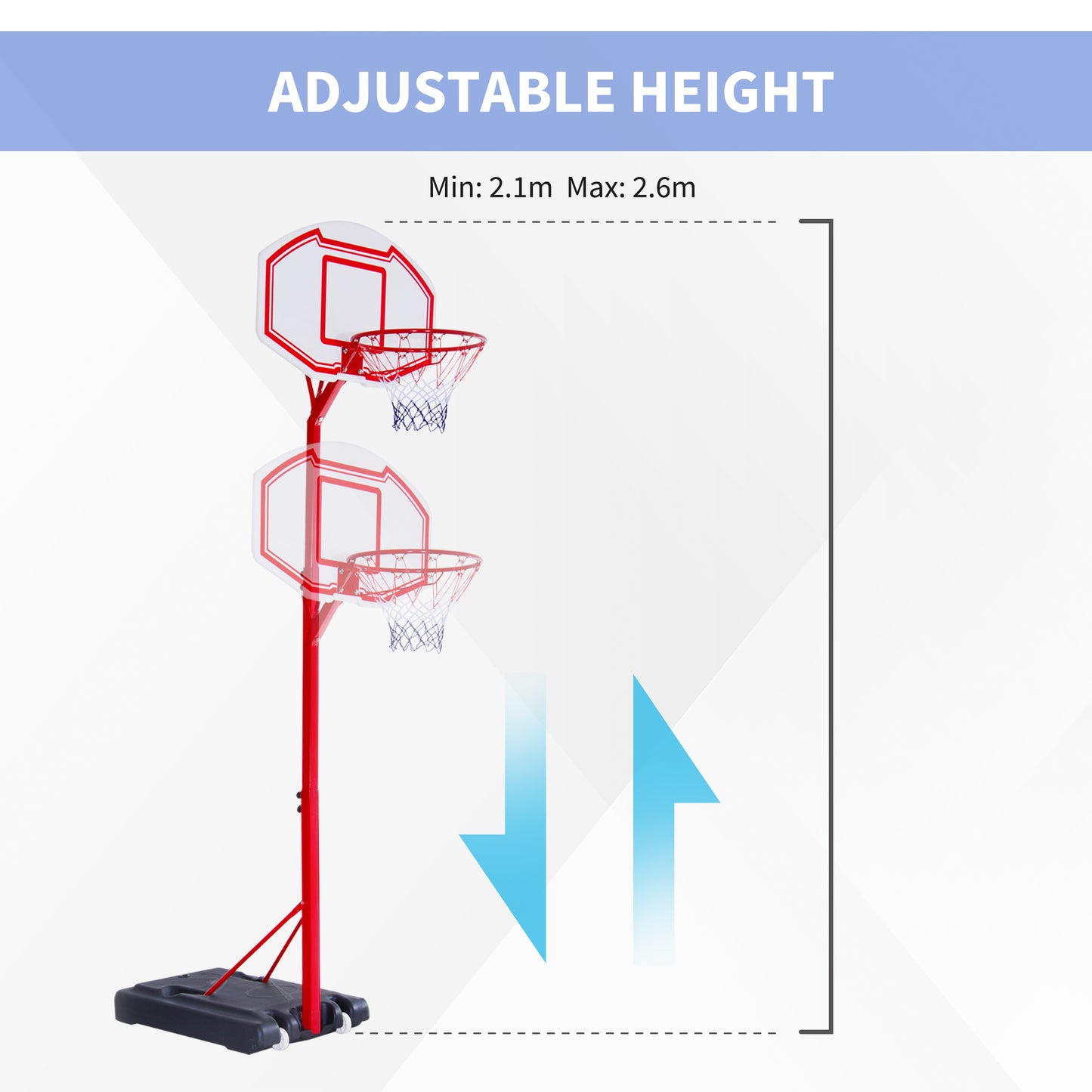 Homcom Basketball Stand Net Hoop Backboard Portable 260-310cm Height Adjustable with Wheels for Kids Adults Sports Fun