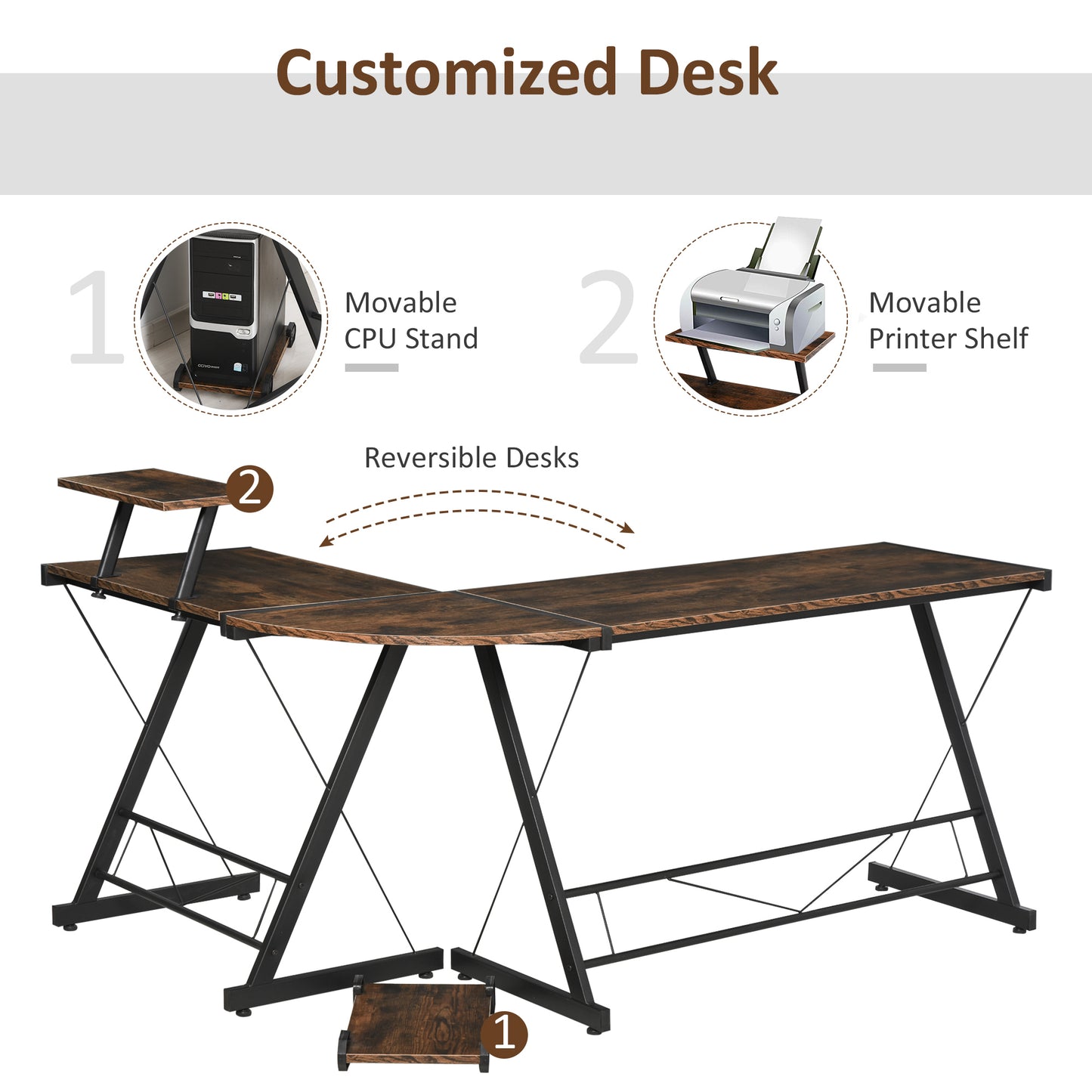 Homcom L Shaped Computer Desk Round Corner Gaming Table Workstation With Storage Shelf Cpu Stand For Home Office