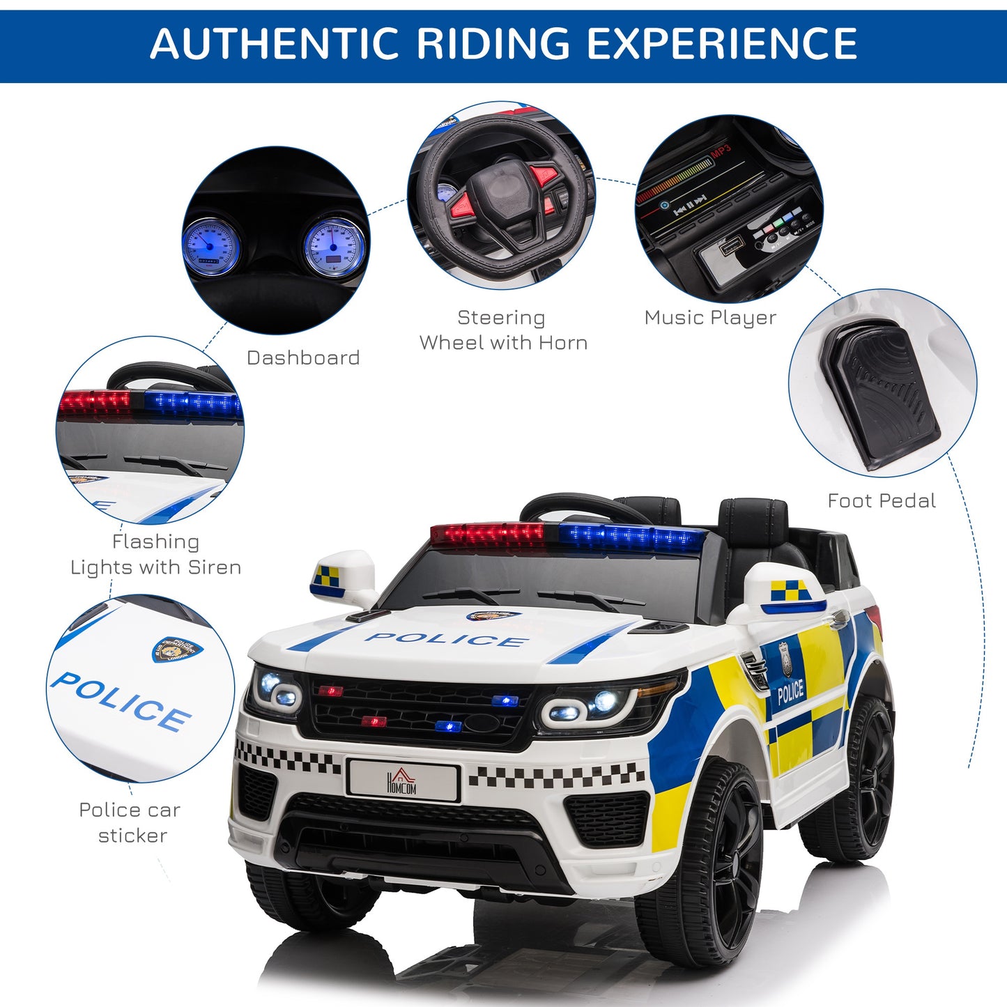 Homcom 12V Kid Electric Ride On Police Car w/ Remote Siren Light Bluetooth 3-6 Years