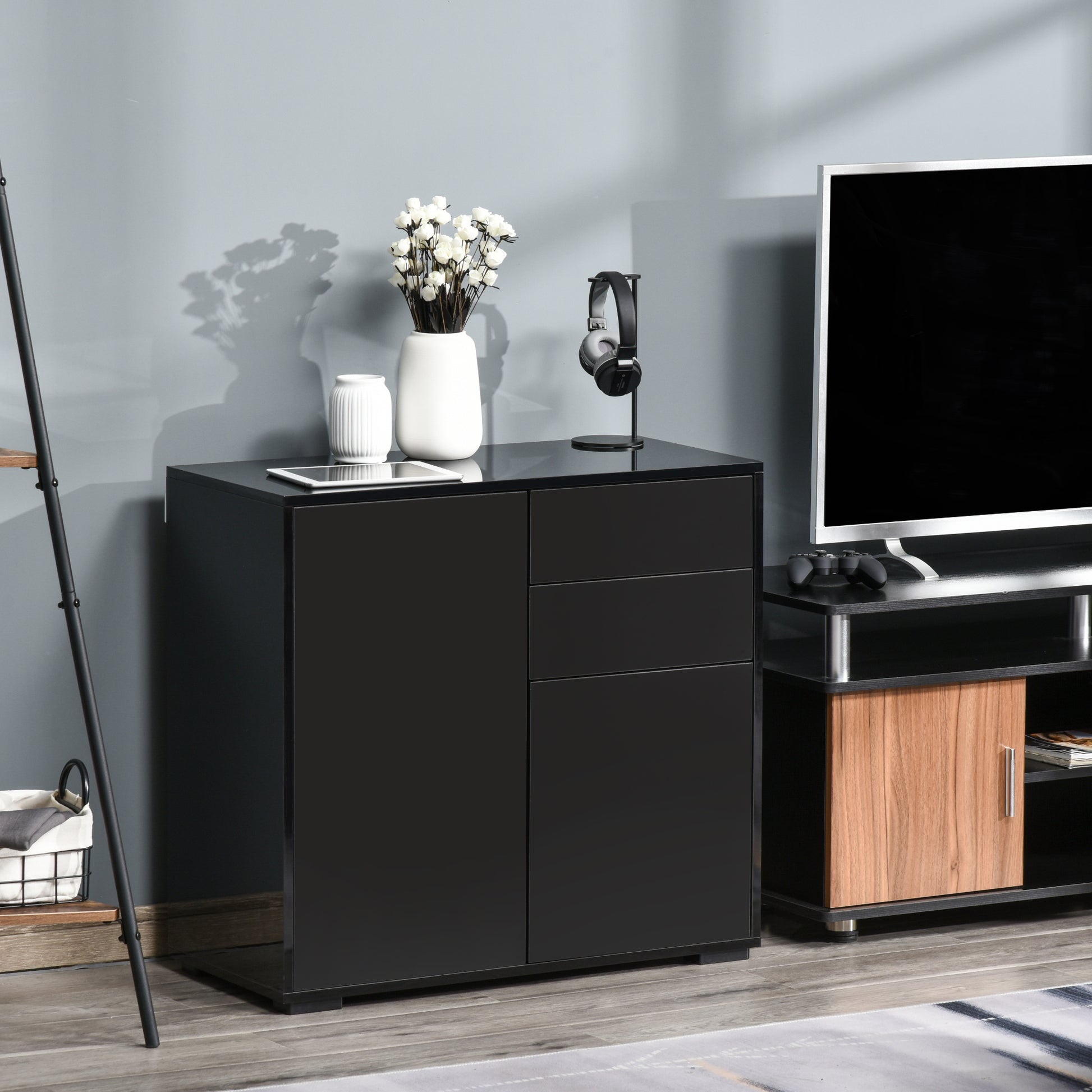 Homcom High Gloss Frame Sideboard Side Cabinet Push-Open Design With 2 Drawer For Living Room Bedroom Black