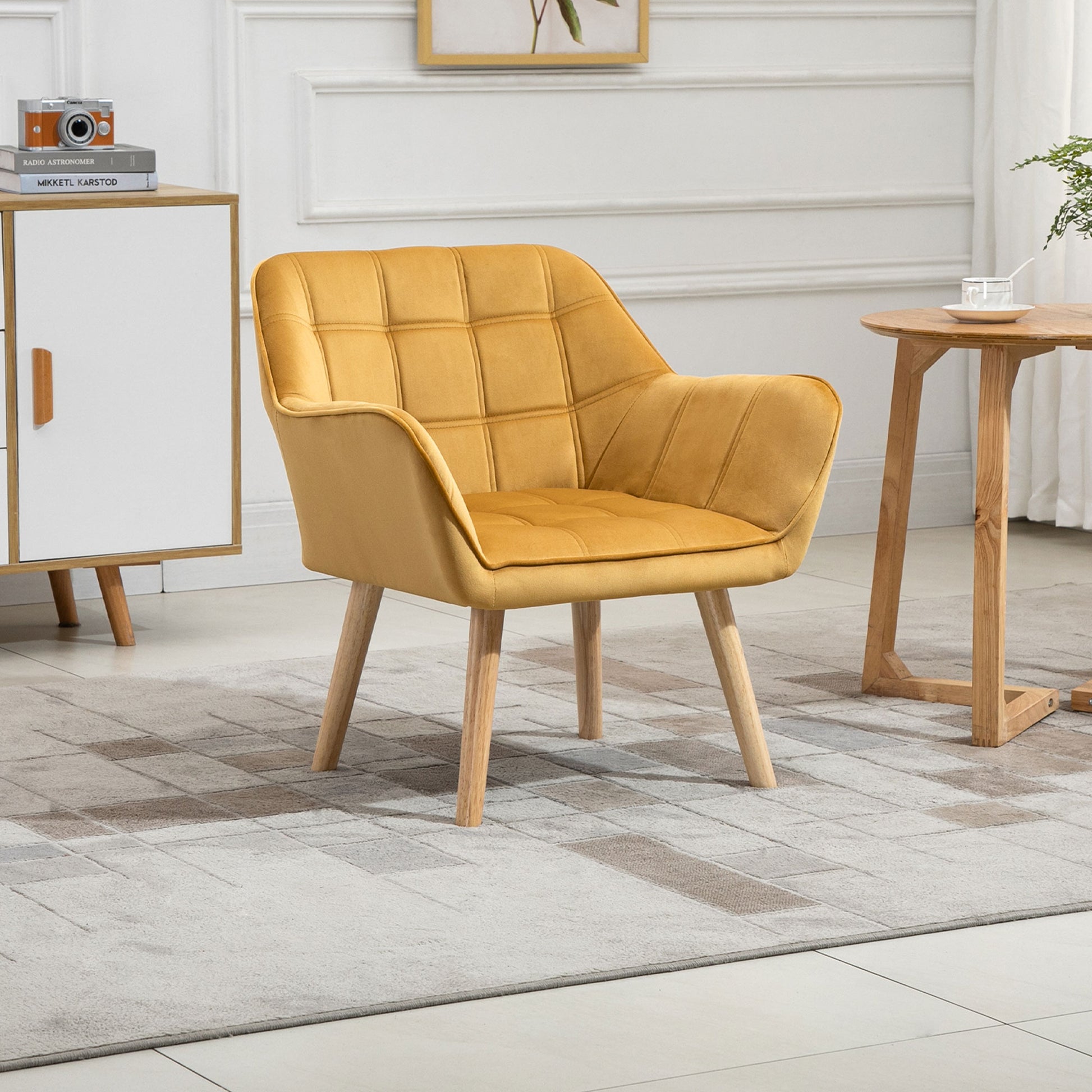 Homcom Armchair Accent Chair Wide Arms Slanted Back Padding Iron Frame Wooden Legs Home Bedroom Furniture Seating Yellow