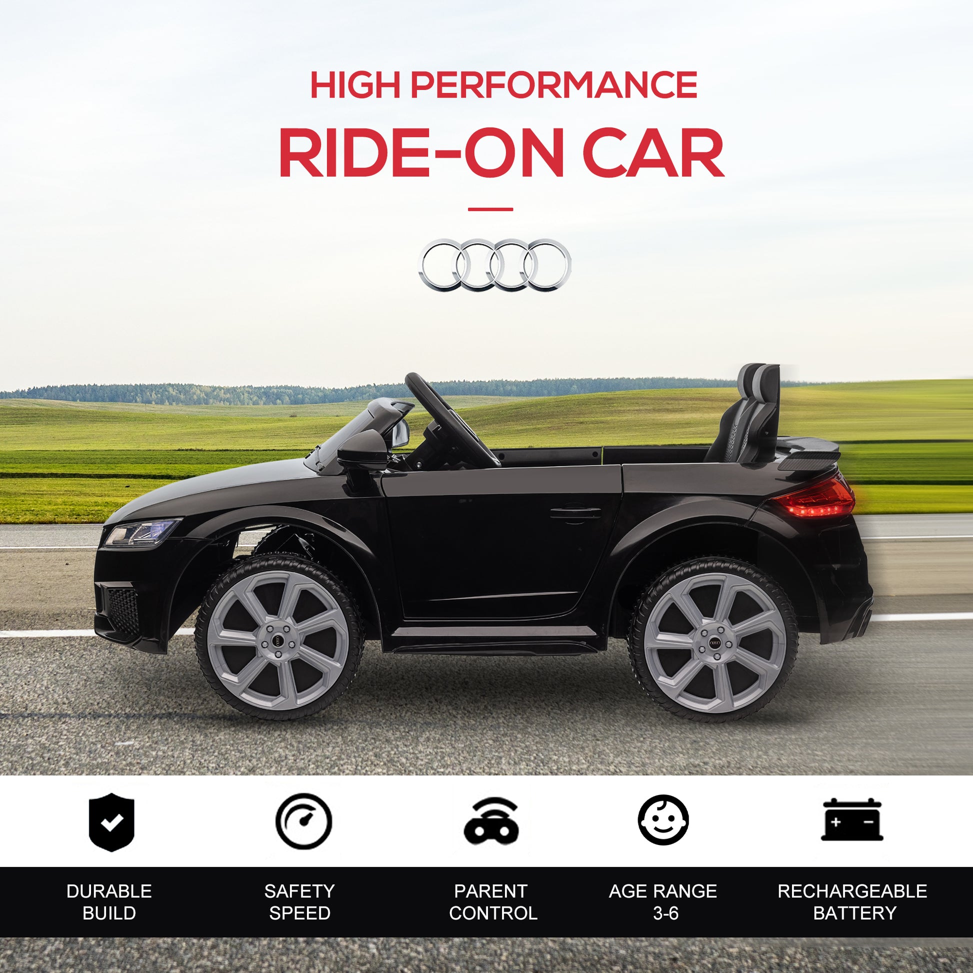 Homcom Kids Licensed Audi TT Ride-On Car 12V Battery w/ Remote Suspension Headlights and MP3 Player 2.5-5km/h Black