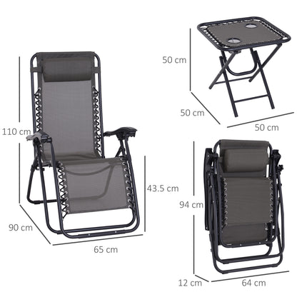 Outsunny 3pcs Folding Zero Gravity Chairs Sun Lounger Table Set w/ Cup Holders Reclining Garden Yard Pool