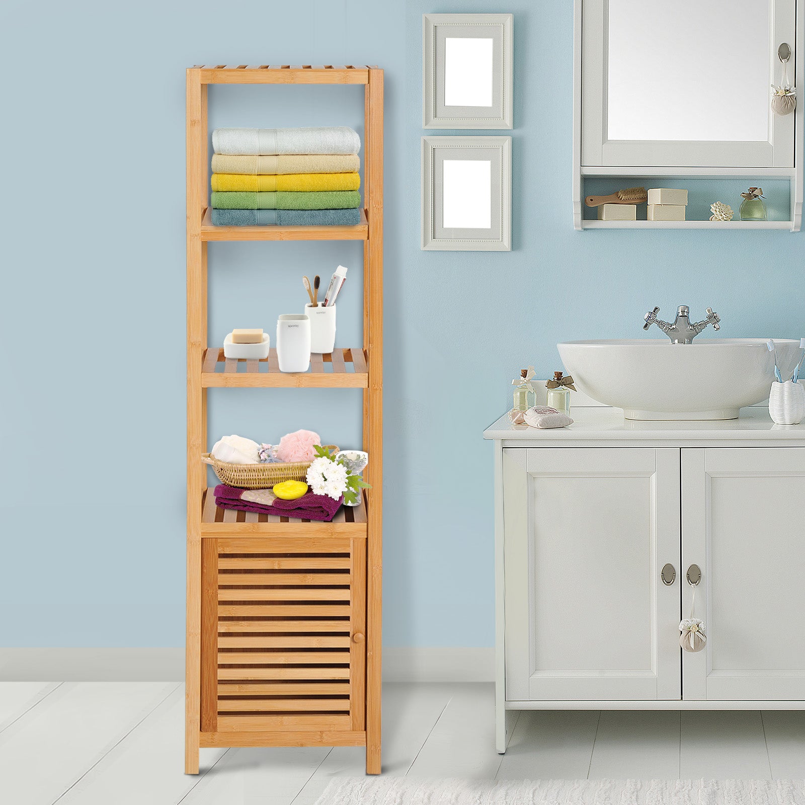 5-Tier 140cm Floor Cabinet Cupboard & Three Shelf Wood Natural by Homcom