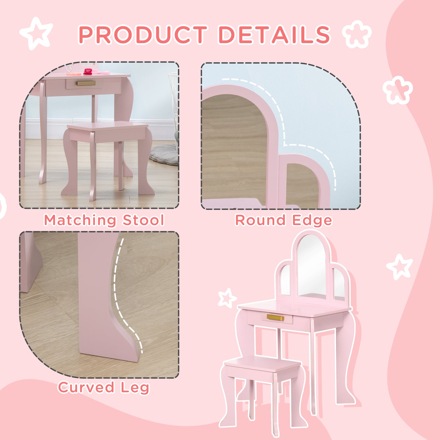 Homcom Kids Dressing Table Set With Mirror And Drawer - Pink