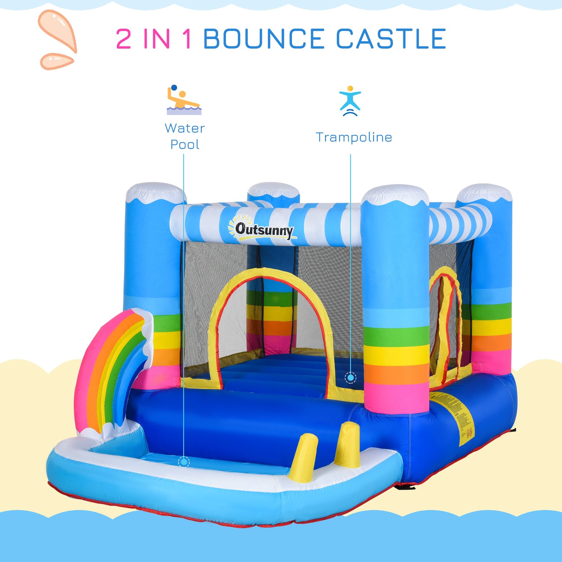 Outsunny Kids Rainbow Bouncy Castle & Pool House Inflatable Trampoline w/ Blower Pump Outdoor Play Garden Activity Exercise Fun 3-8 Years 2.8 x 1.7 x 1.55m