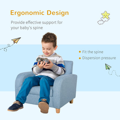 Homcom Kids Children Armchair Mini Sofa Wood Frame Anti-Slip Legs High Back Bedroom Playroom Furniture Blue