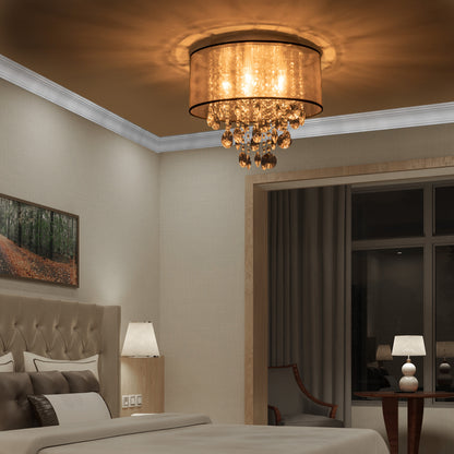 Homcom Modern Crystal Chandelier Flush Mount Ceiling Light with Drum Shade for Living Room Bedroom Dining Room Silver