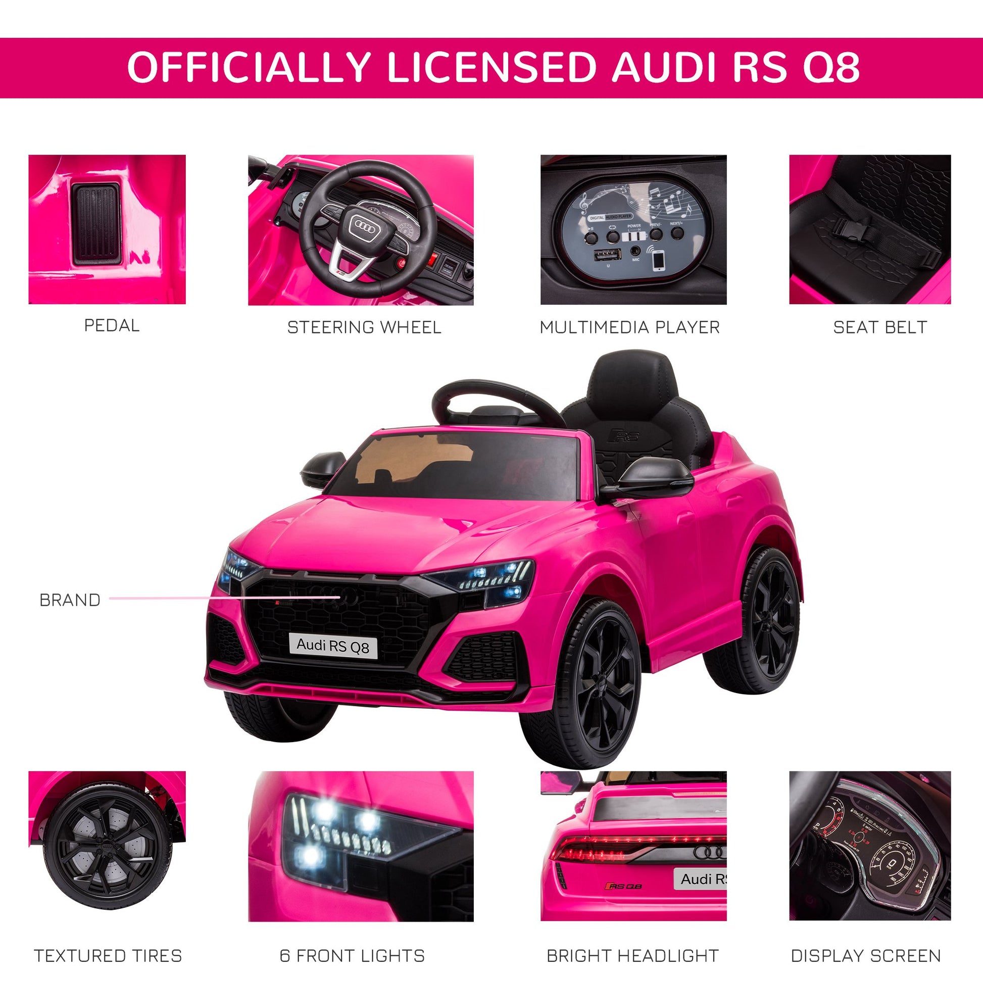 Homcom Audi RS Q8 6V Kids Electric Ride On Car Toy w/ Remote USB MP3 Bluetooth Pink