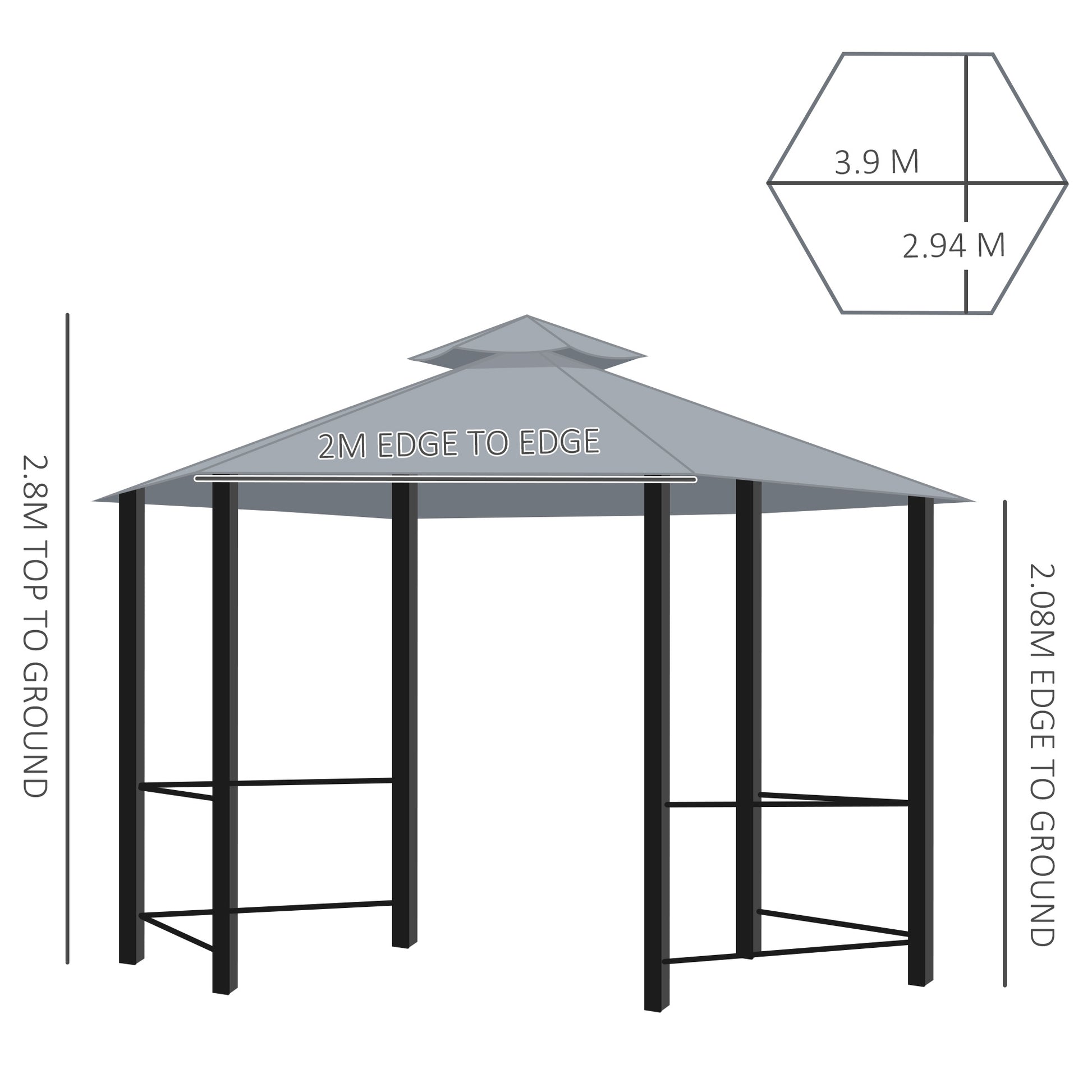 Outsunny 3 x 3(m) Hexagon Gazebo Patio Canopy Party Tent Outdoor Garden Shelter w/ 2 Tier Roof & Side Panel - Grey