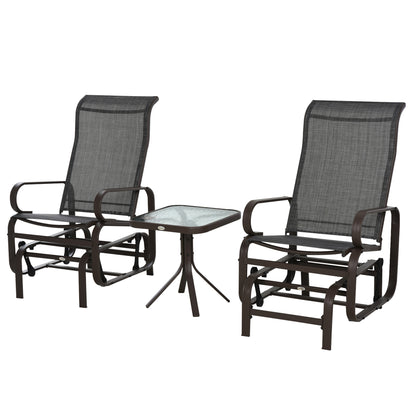 Outsunny 3 PCs Metal Outdoor Gliding Rocking Chair With Tea Table Patio Garden Comfortable Swing Chair Brown