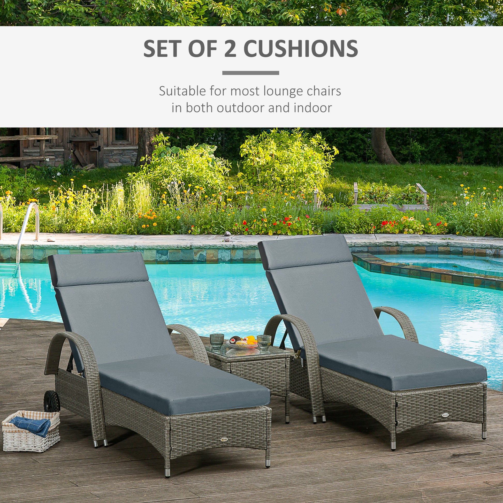 Outsunny Set Of 2 Sun Lounger Cushions Replacement Cushions For Rattan Furniture With Ties 196 X 55 cm Dark Grey