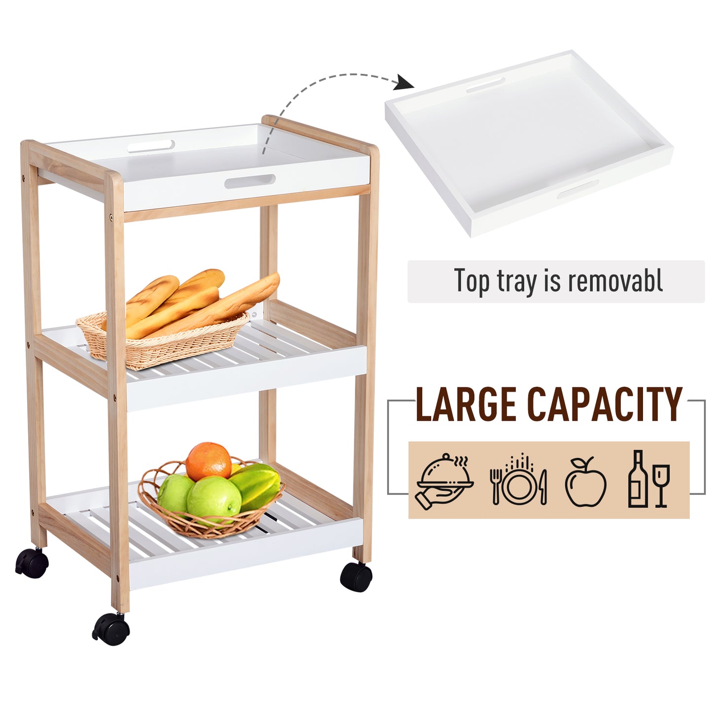 Homcom 3-Tier Mobile Kitchen Trolley Cart Storage Shelves Rack Rolling Wheels White 46 x 35 x 74.5 cm