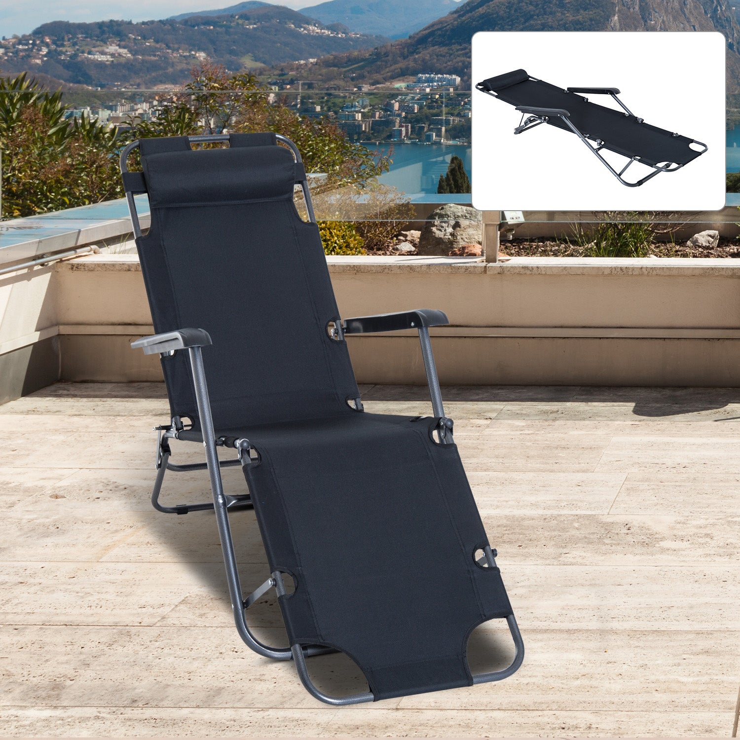 Outsunny Metal Frame 2 In 1 Sun Lounger w/ Pillow Black