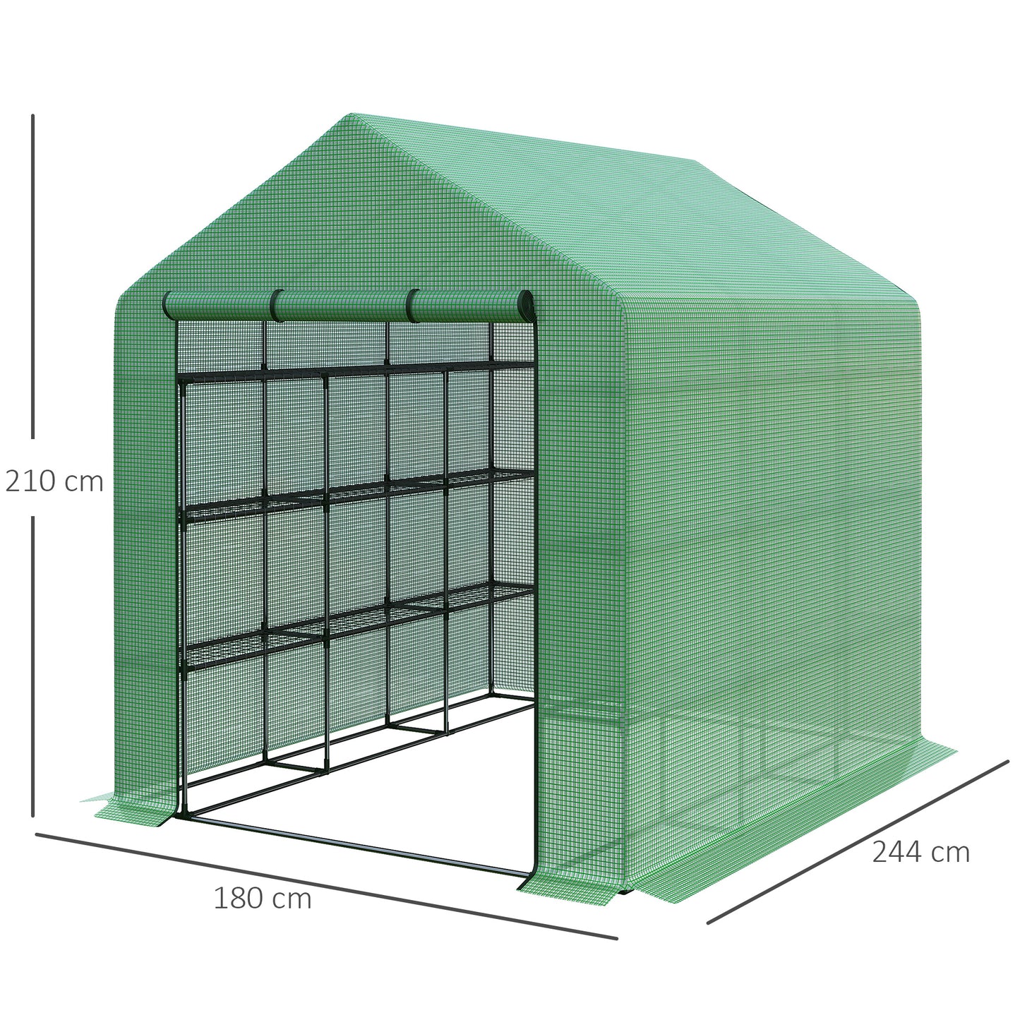 Outsunny Poly Tunnel Steeple Walk in Garden Greenhouse with Removable Cover Shelves - Green 244 x 180 x 210cm