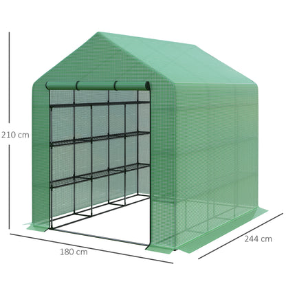 Outsunny Poly Tunnel Steeple Walk in Garden Greenhouse with Removable Cover Shelves - Green 244 x 180 x 210cm