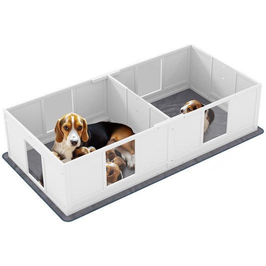 Two Room Design Whelping Box for Dogs with Whelping Pad, Clear Panels, Adjustable Entrance, for Medium Dogs, 196 x 96cm-0