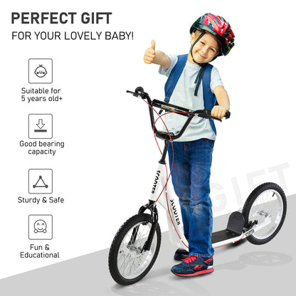 Homcom Teen Kids Stunt Scooter Children Kick Scooter Adjustable Handlebar 2 Brakes Ride On 16 Inch Rubber Tyres White