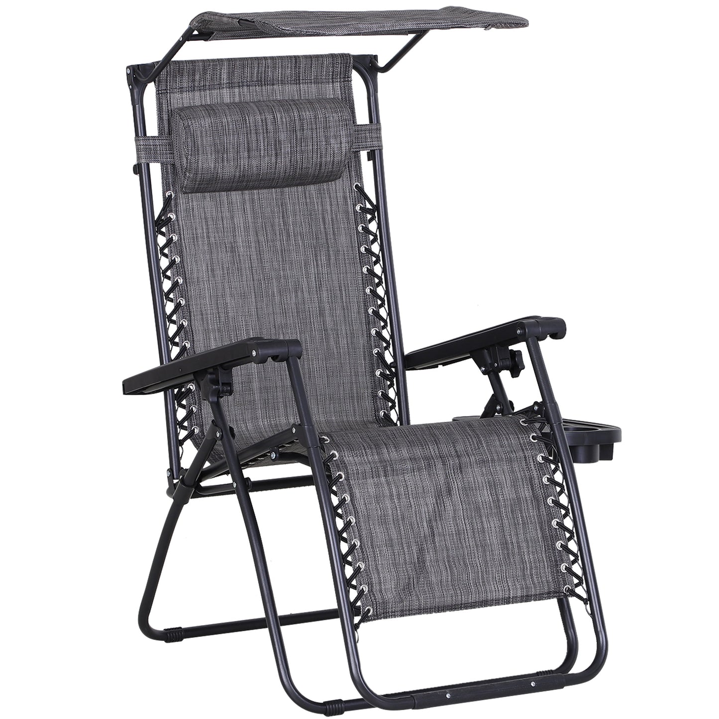 Outsunny Zero Gravity Garden Deck Folding Chair Texteline Patio Sun Adjustable Lounger Reclining Seat with Cup Holder & Canopy Shade - Grey