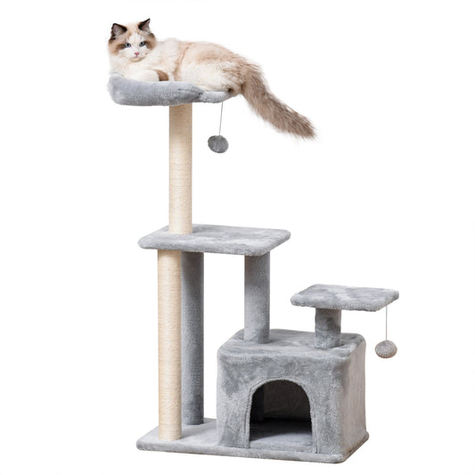 Cat tree Tower 114cm Climbing Activity Centre Kitten with Sisal Scratching Post Perch Hanging Ball Condo Toy Light Grey-0