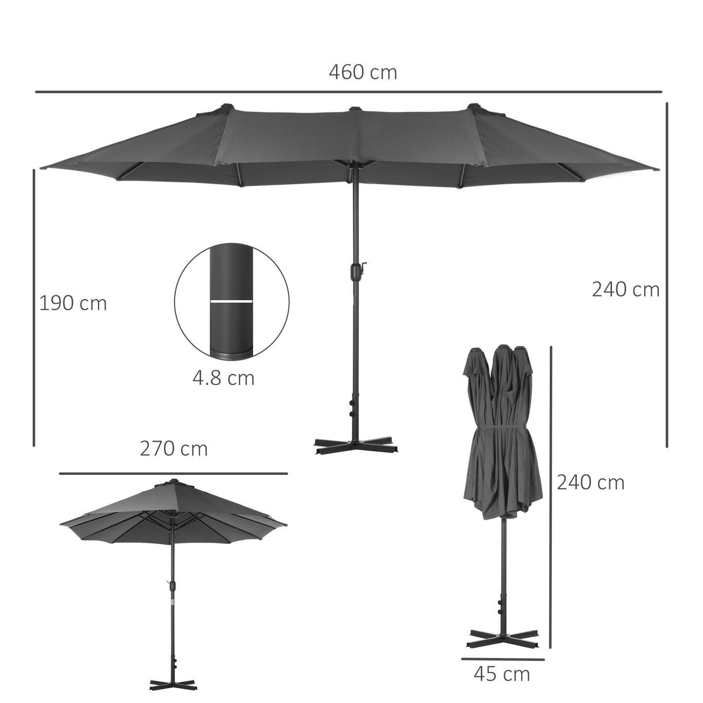 Outsunny 4.6M Sun Umbrella Canopy Double-sided Crank Sun Shade w/ Cross Base Grey