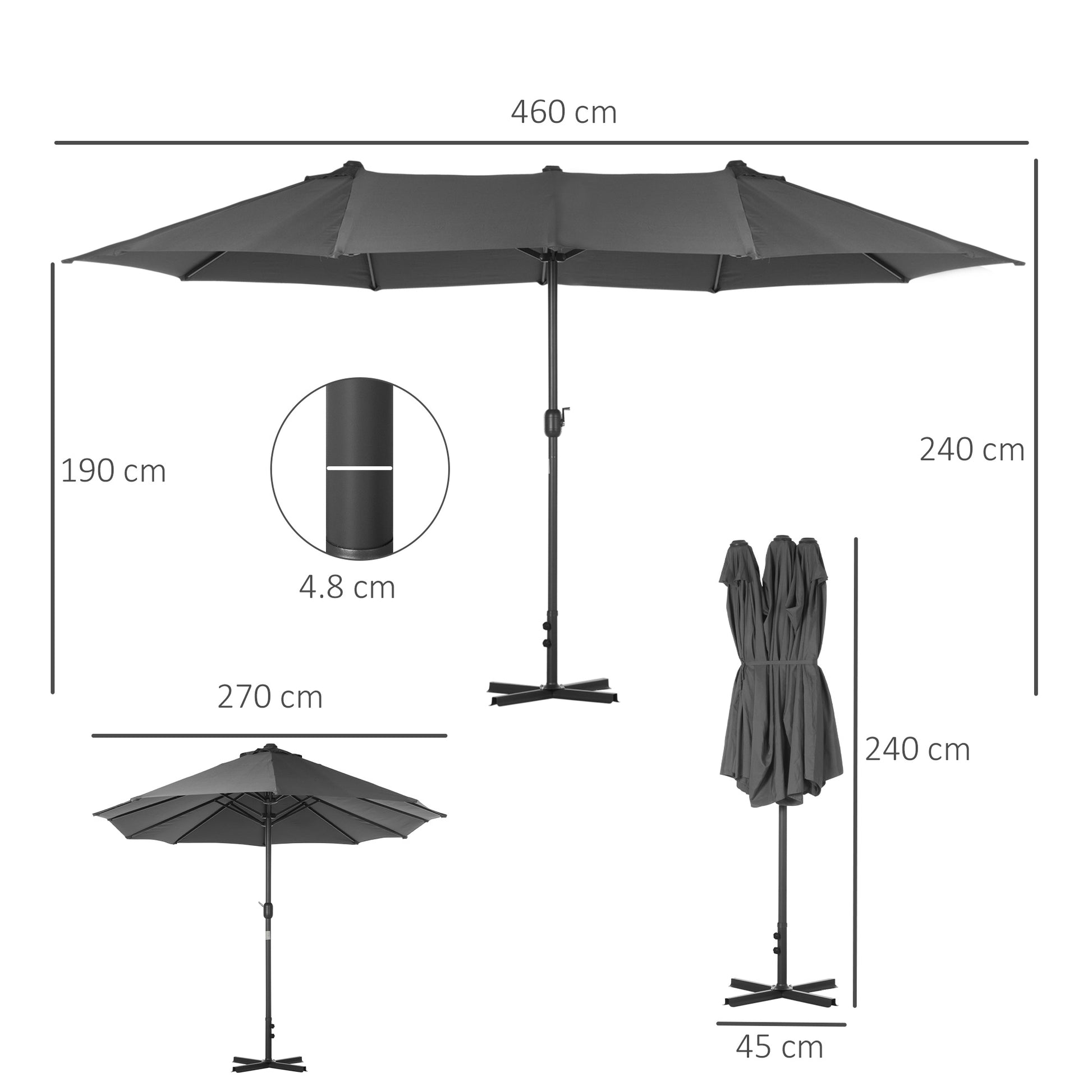 Outsunny 4.6M Sun Umbrella Canopy Double-sided Crank Sun Shade w/ Cross Base Grey