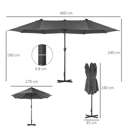 Outsunny 4.6M Sun Umbrella Canopy Double-sided Crank Sun Shade w/ Cross Base Grey