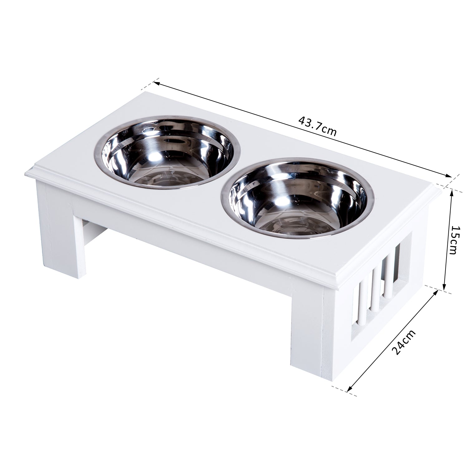 PawHut Stainless Steel Raised Dog Feeding Bowls with Stand Elevated Twin Pet Bowls Water Food Feeder 43.7L x 24W x 15H cm - White