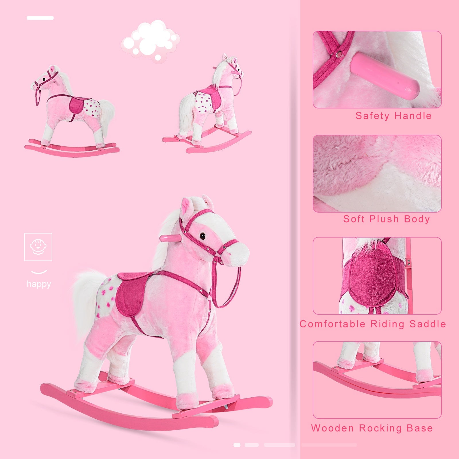 Homcom Children Child Kids Plush Rocking Horse with Sound Handle Grip Traditional Toy Fun Gift Pink