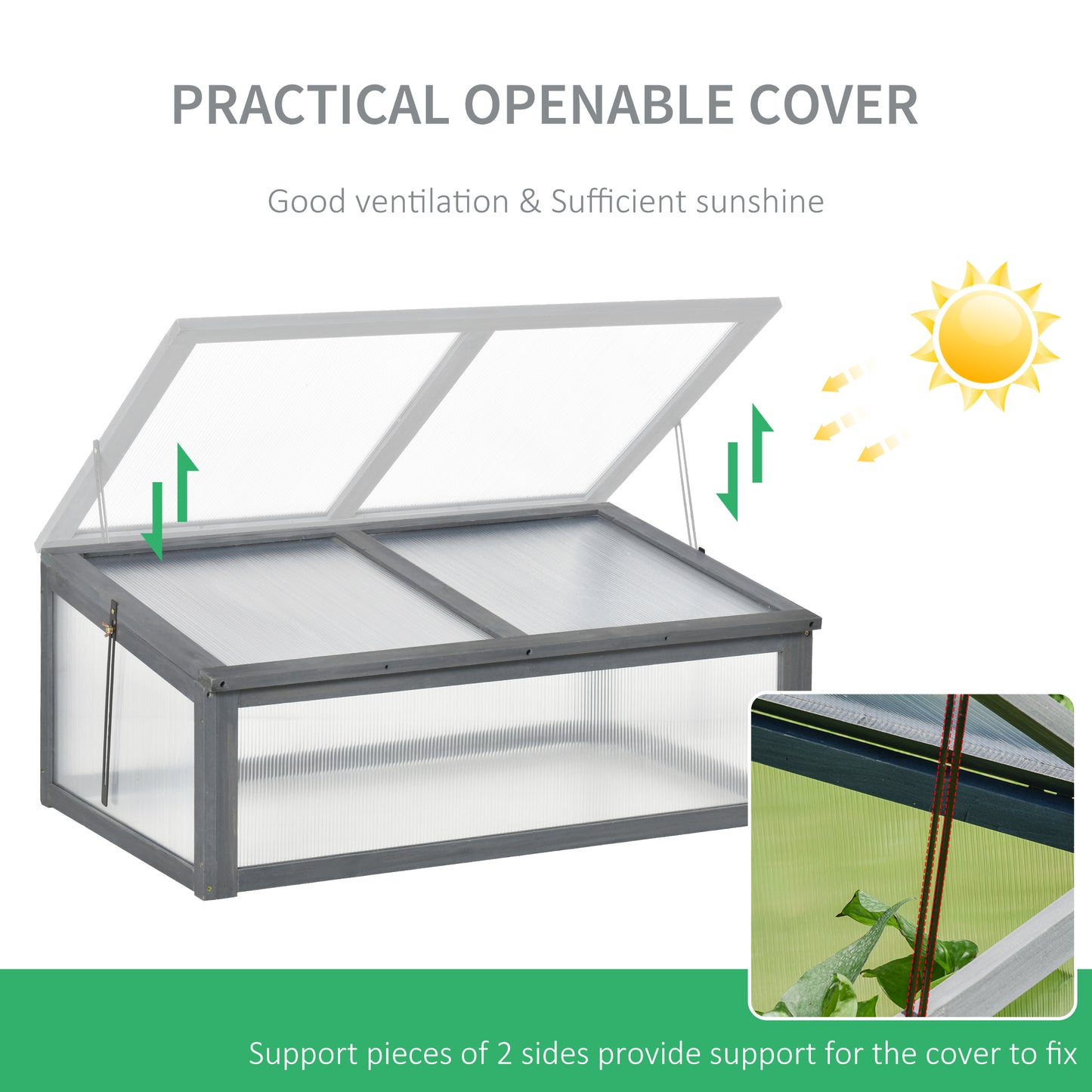 Outsunny Square Wooden Outdoor Greenhouse w/ Openable Cover PC Board 100 x 65 x 40cm Grey