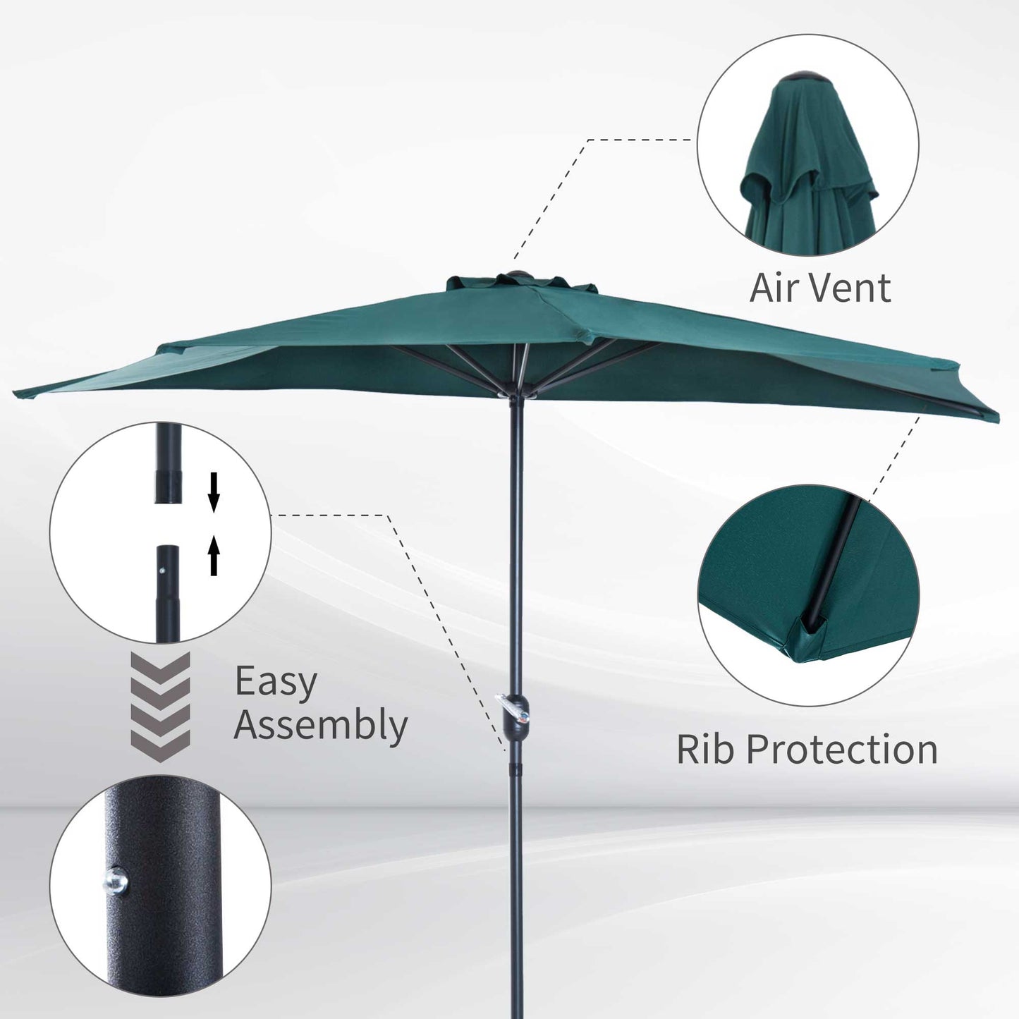 Outsunny 2.7m Balcony Half Parasol 5 Steel Ribs Construction Garden Outdoor Umbrella Green