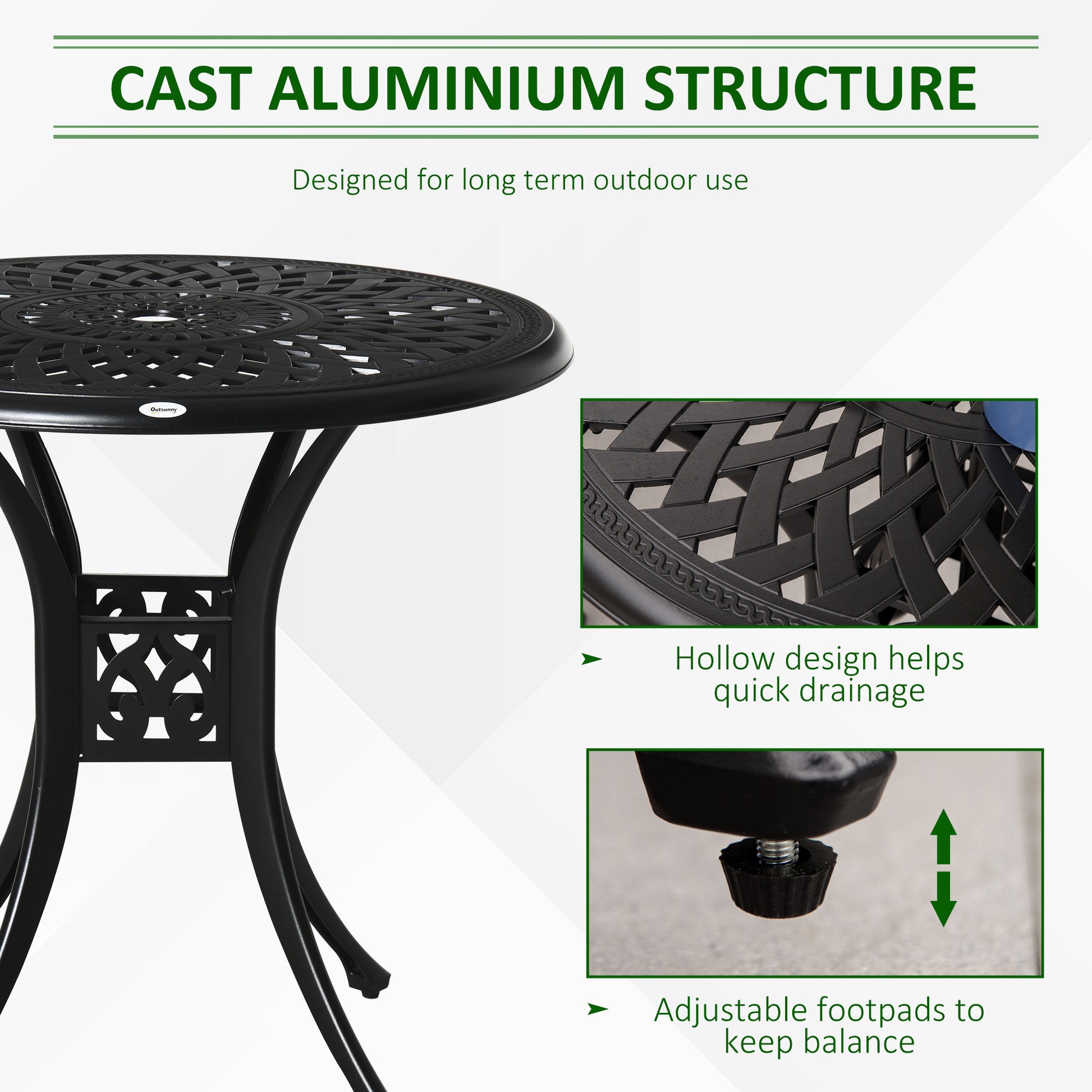 Outsunny 78cm Round Garden Dining Table Bistro Set with Parasol Hole Antique Cast Aluminium Outdoor Table Only