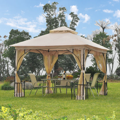 Outsunny 3 x 3(m) Garden Gazebo Patio Party Tent Shelter Outdoor Canopy Double Tier Sun Shade Metal Frame Netting Beige