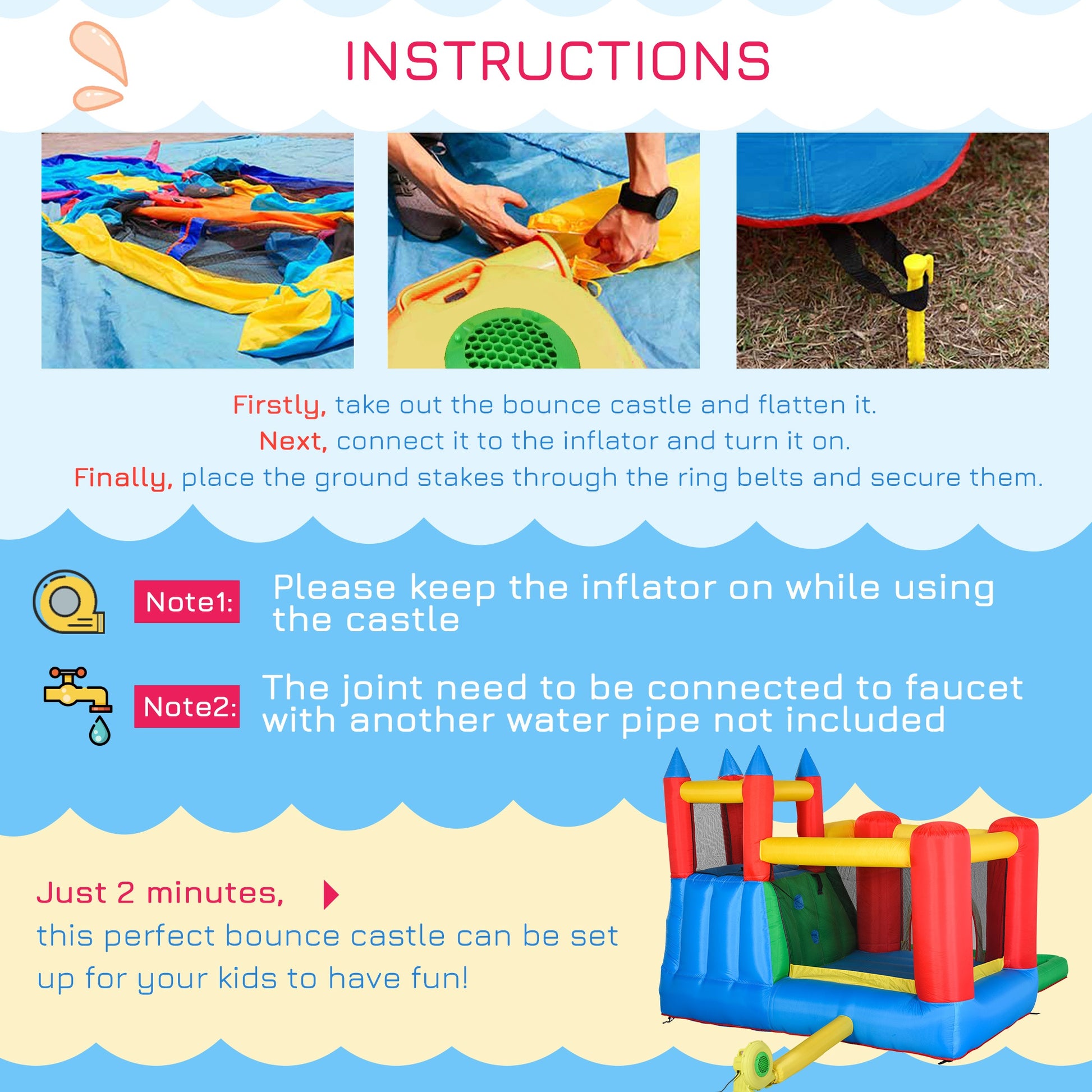 Outsunny Kids Inflatable Bouncy Castle Water Slide 6 In 1 Bounce House Jumping Castle Water Pool Gun Climbing Wall Basket With Air Blower For Summer Playland