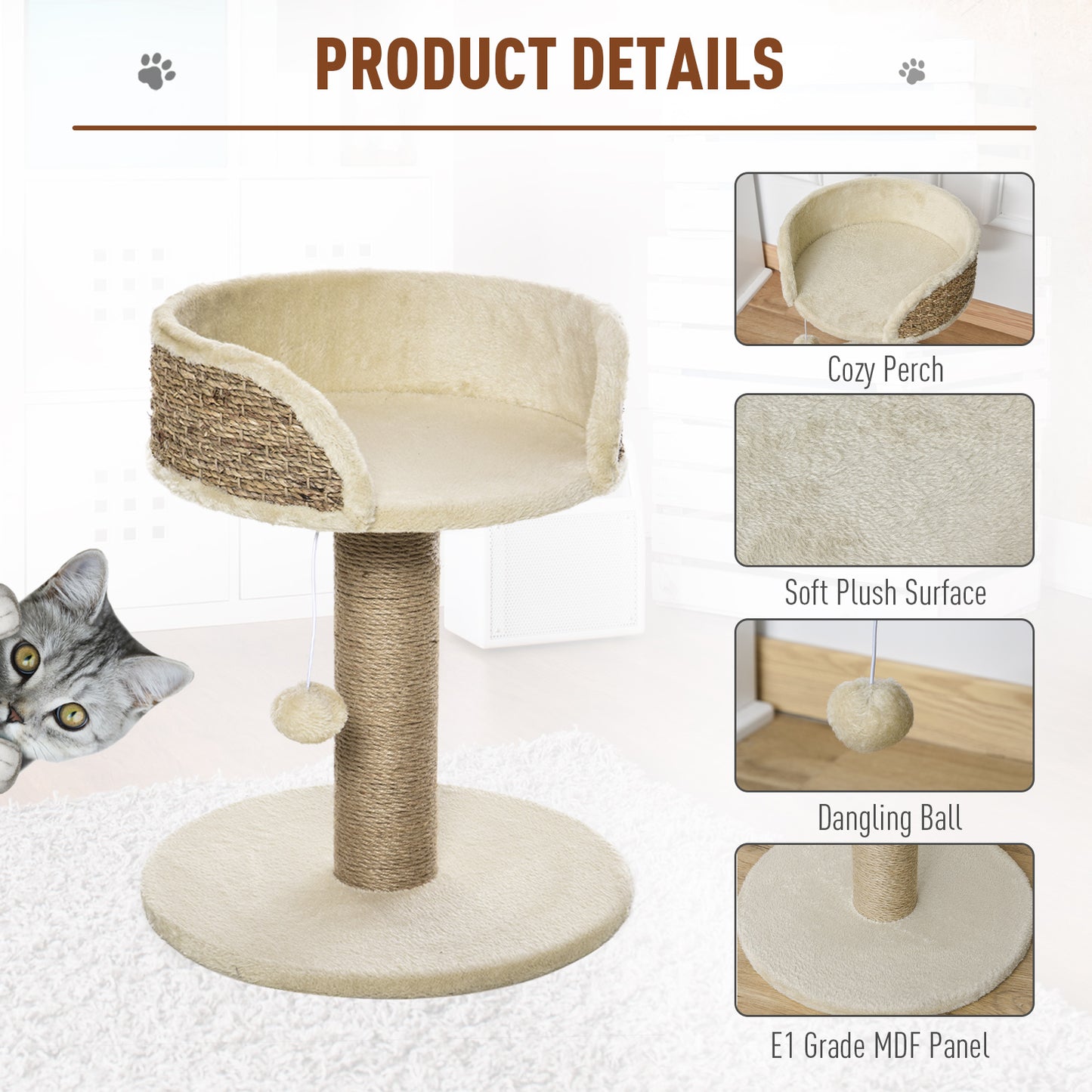 PawHut Cat Tree for Indoor Cats Kitten Tower Activity Center Climbing Stand Furniture with Scratching Posts Dangling Ball Perch Beige