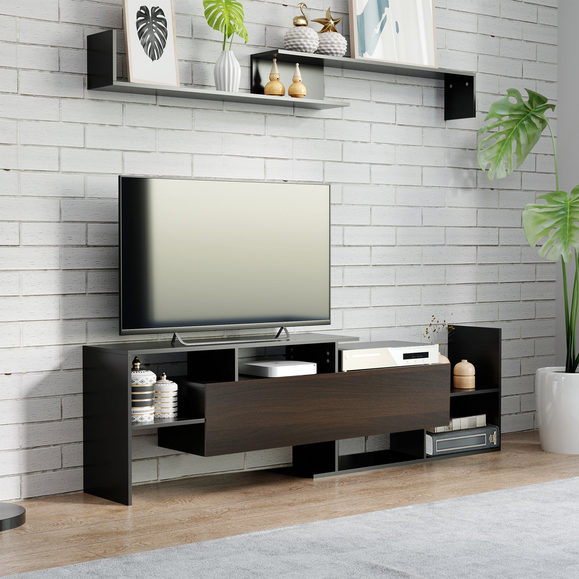 Homcom Modern TV Cabinet with Wall Shelf