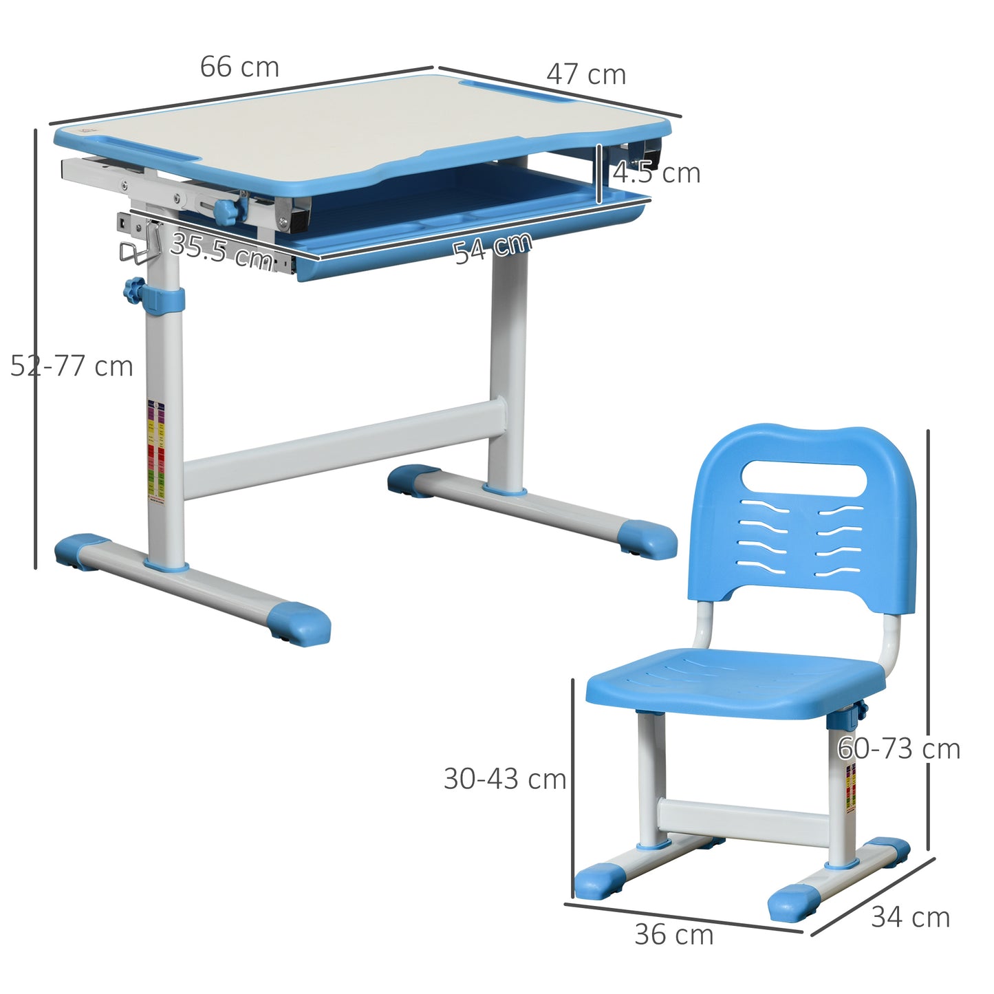 Homcom Kids Desk and Chair Set Height Adjustable Student Writing Desk Children School Study Table with Tiltable Desktop