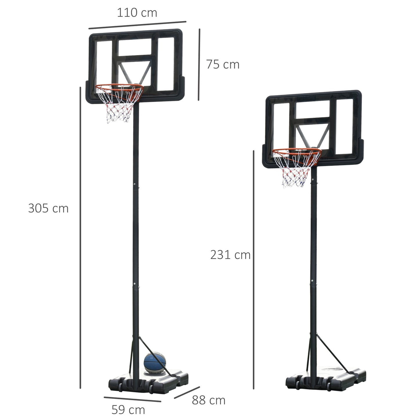 Homcom Portable Basketball Hoop Stand 231-305cm Height Adjustable w/ Moving Wheels