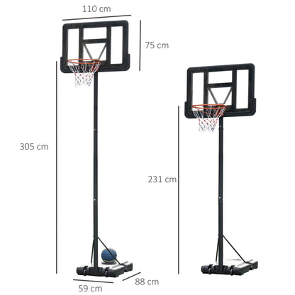 Homcom Portable Basketball Hoop Stand 231-305cm Height Adjustable w/ Moving Wheels