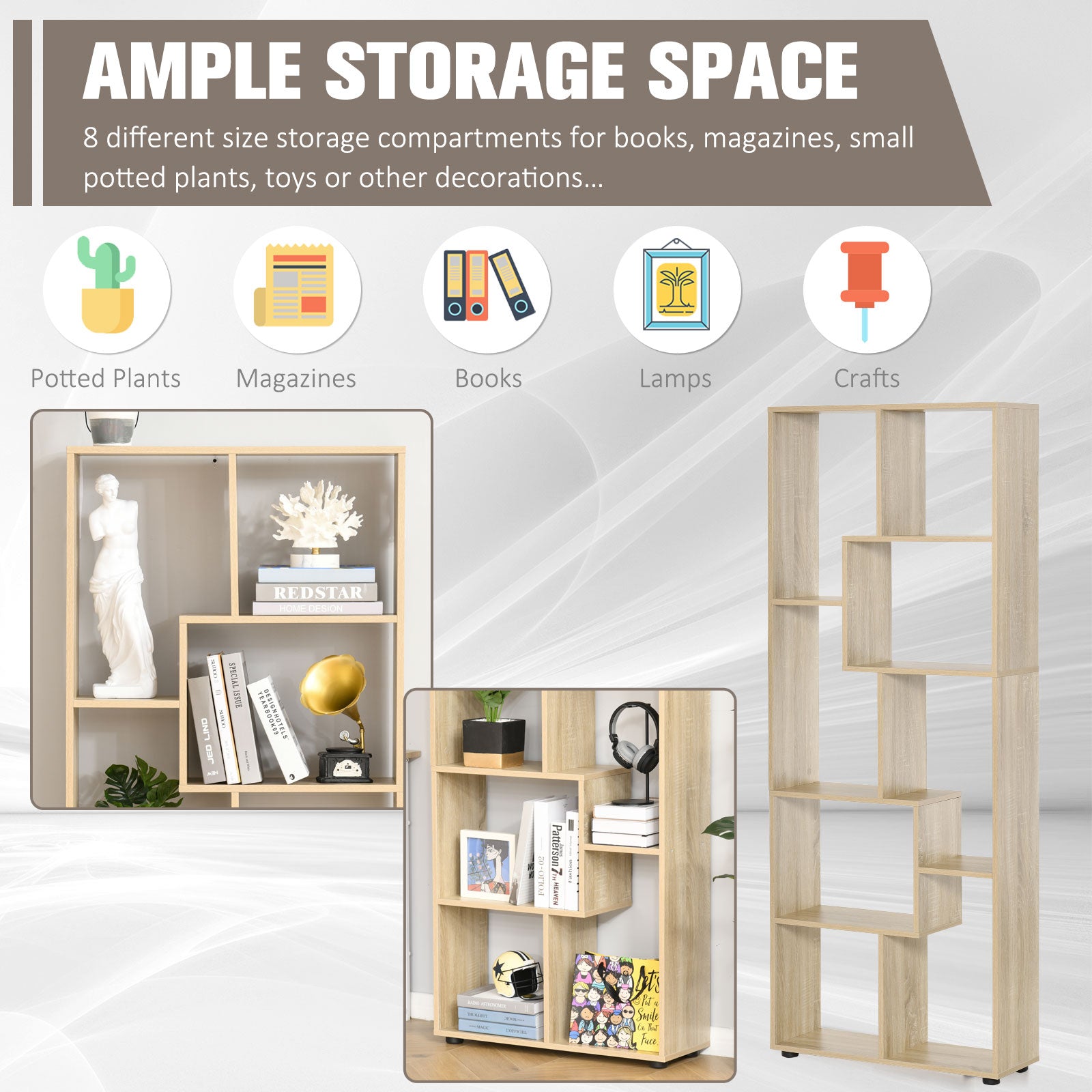 Homcom Eight-Section Tall Shelving Unit - Oak Effect