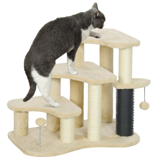 2-in-1 Cat Tree, Pet Stairs with Scratching Tickling Post, Toy Balls, for Bed, Sofa, Couch, Beige-0